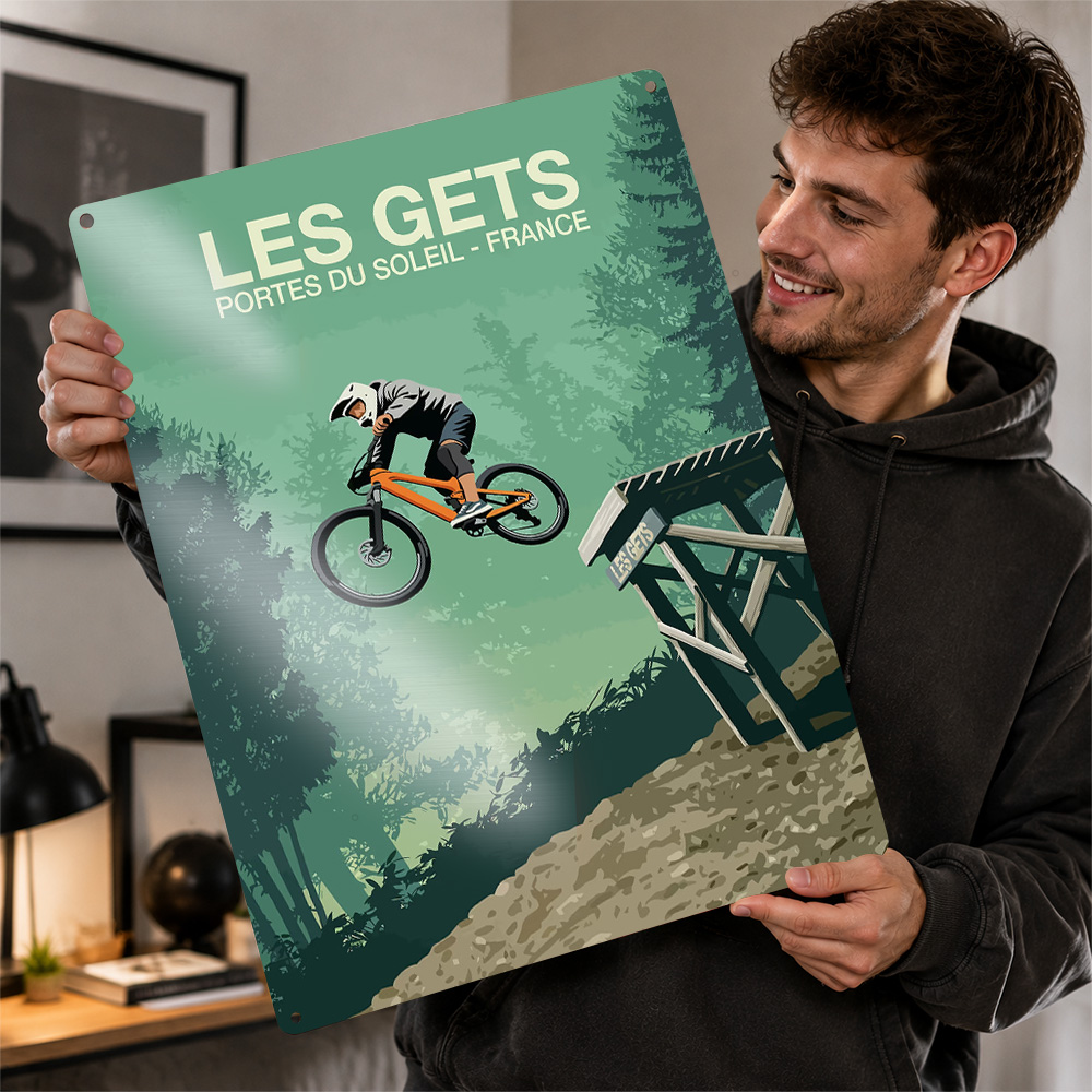 Mountain Biking Europe - Les Gets Mountainbike-Sprung, bedrucktes Poster, Retro-Illustration,