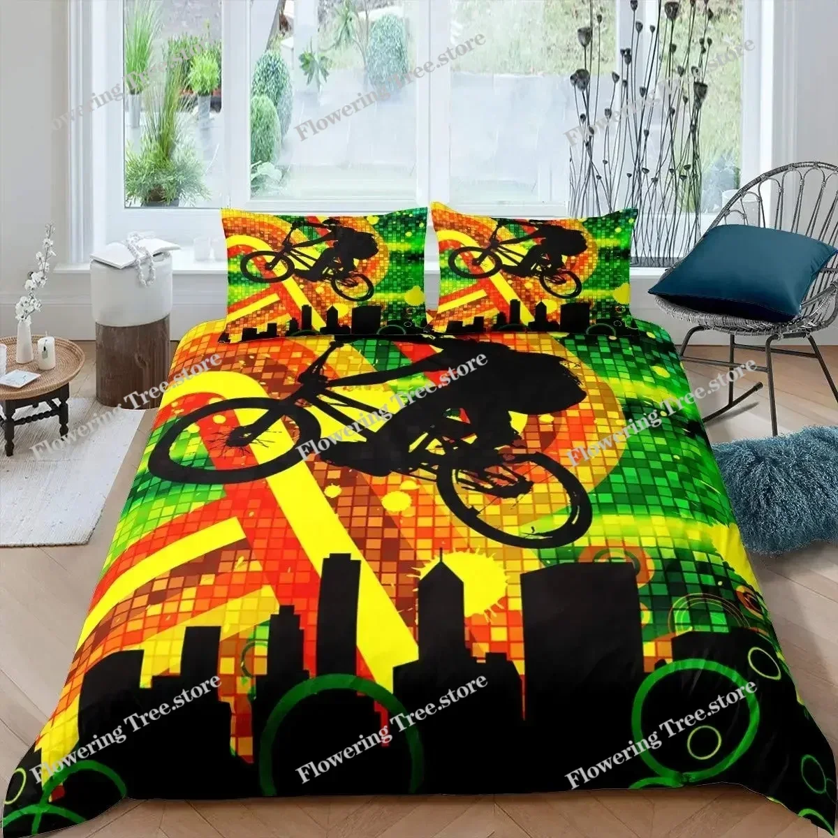 Mountain Biking Europe - Fahrrad-Bettbezug-Set aus Mikrofaser, Mountainbike-Bettdeckenbezug, Sport-Tie-Dye-Muster, King-Size-Twin-Bettwäsche-Set